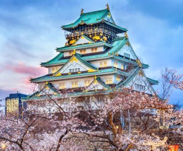 El castillo de Osaka rodeado de cerezos en flor al anochecer